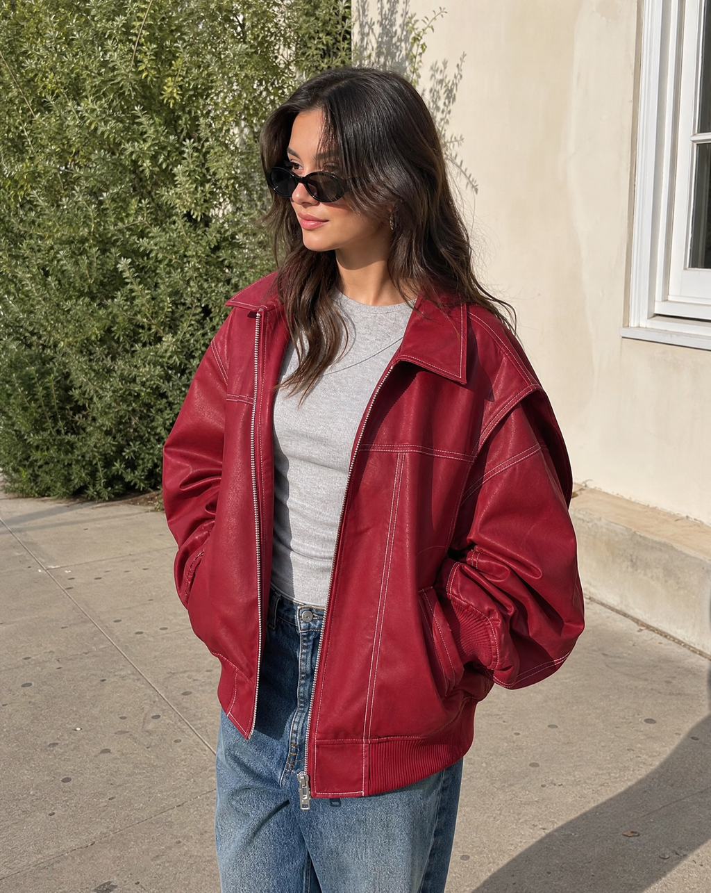 Women's Oversized Zip-Up Bomber Jacket with Classic Collar