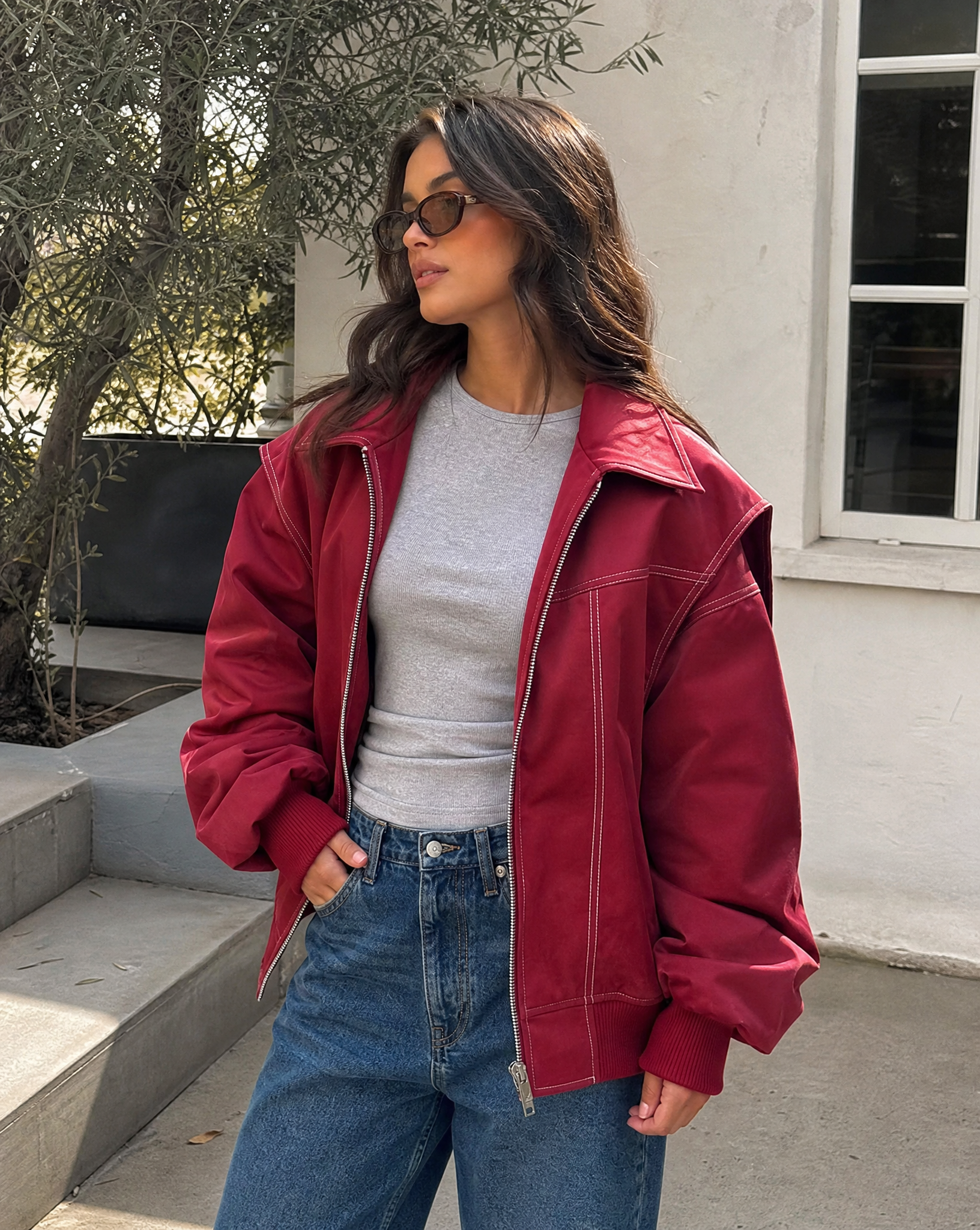 Women's Oversized Zip-Up Bomber Jacket with Classic Collar