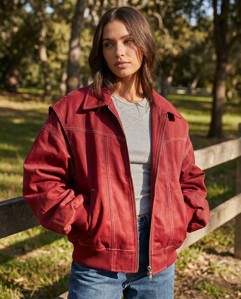 Women's Oversized Zip-Up Bomber Jacket with Classic Collar