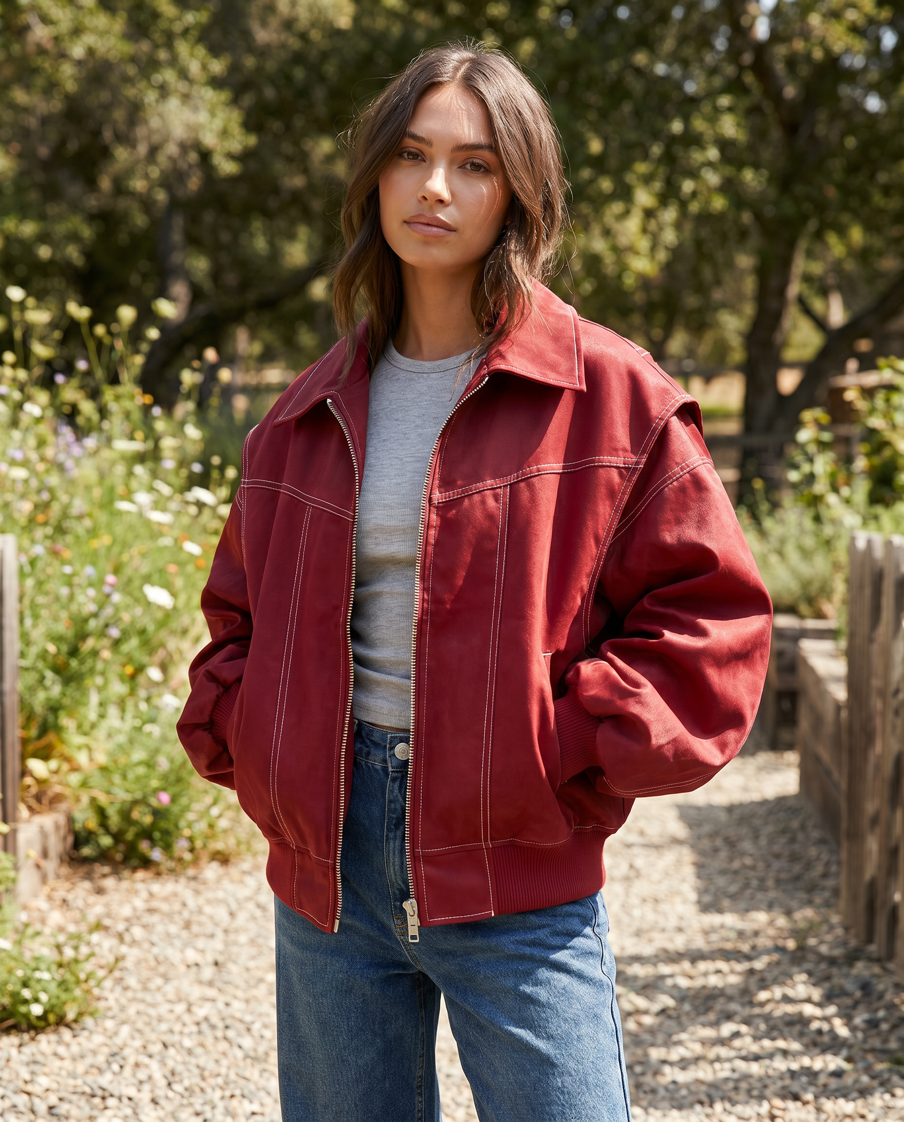 Women's Oversized Zip-Up Bomber Jacket with Classic Collar