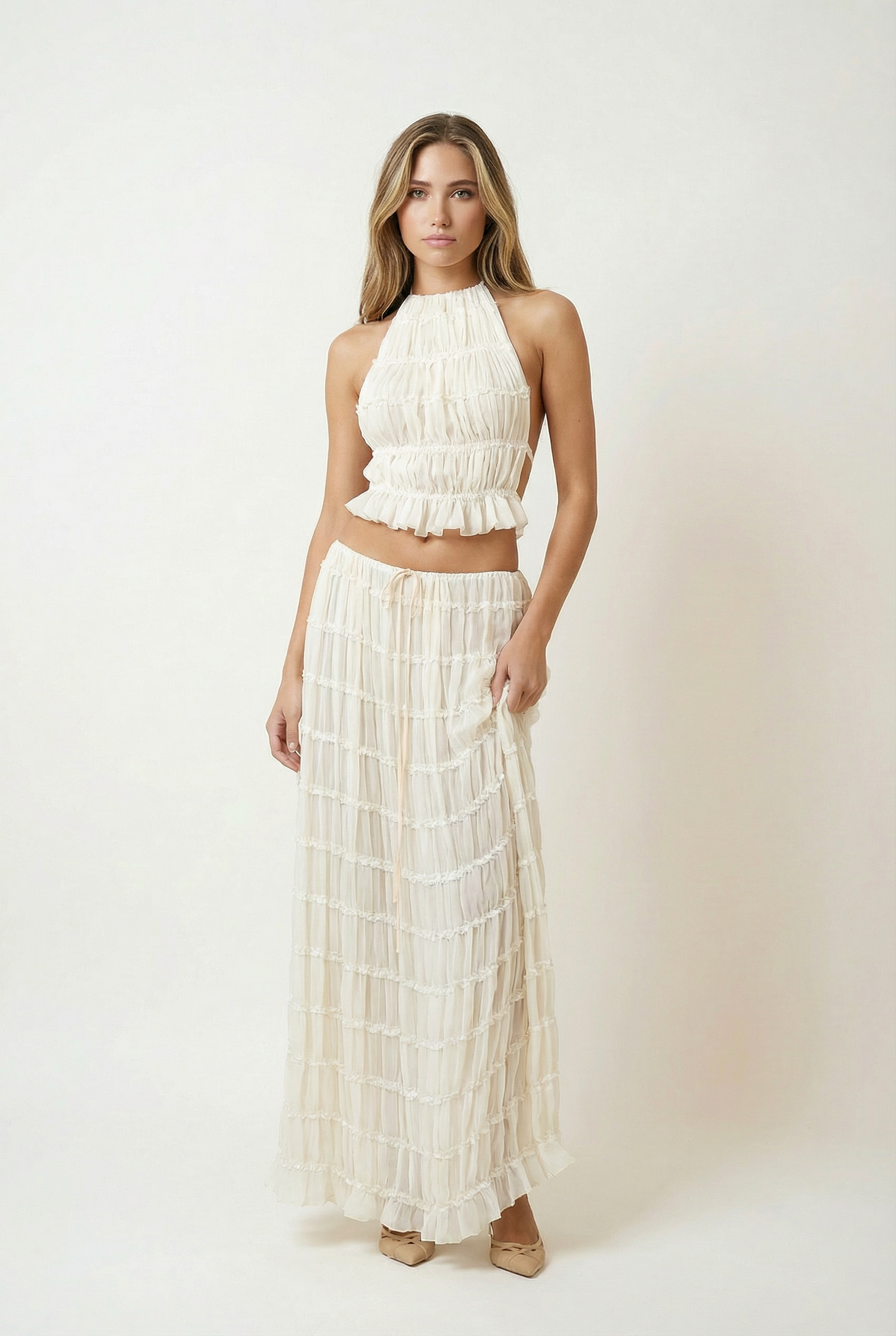 Ruffled Halter Two Piece Summer Maxi Set