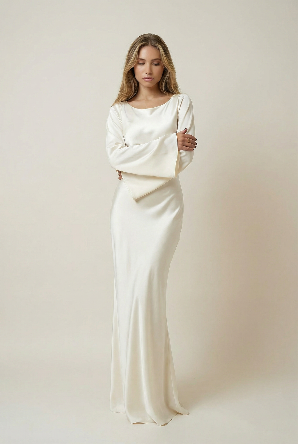 Elegant Wedding Guest Long Sleeve Satin Maxi Dress