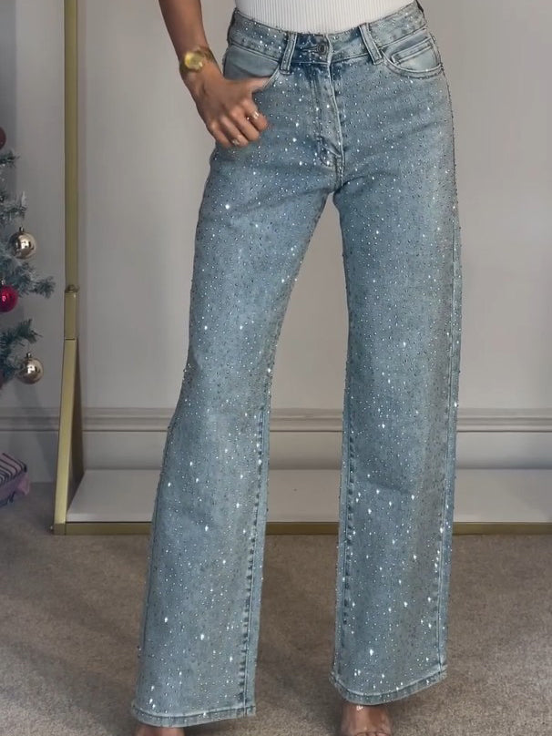 High-Waist Embellished Straight Jeans