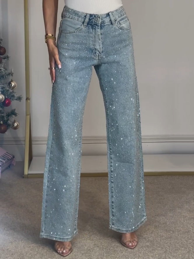 High-Waist Embellished Straight Jeans
