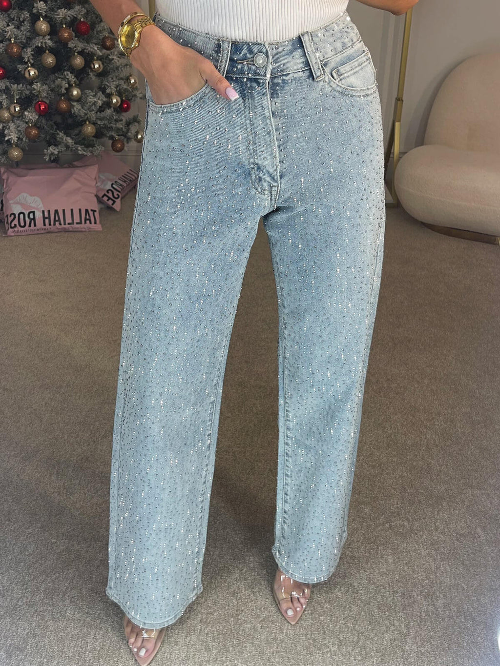 High-Waist Embellished Straight Jeans