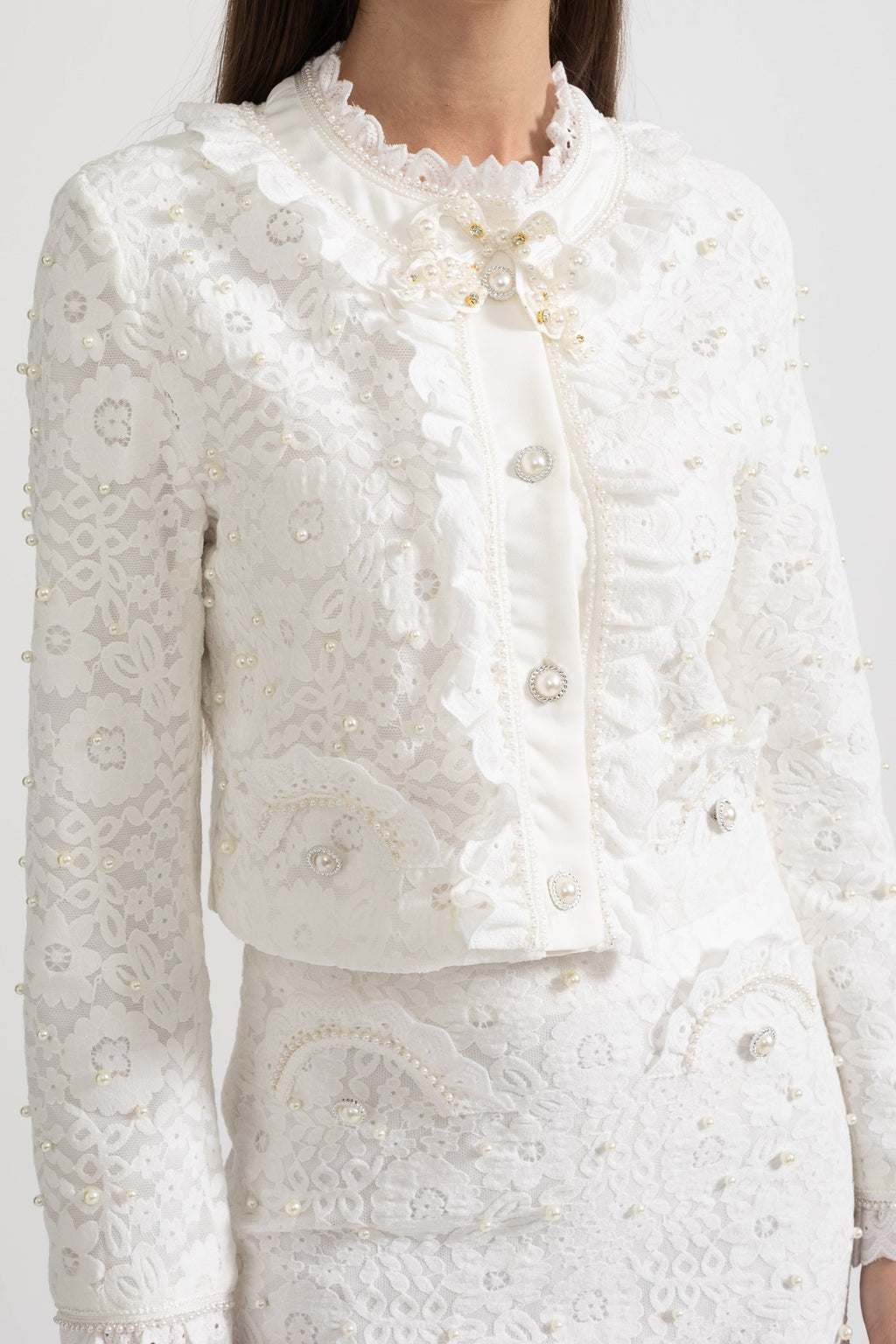 White Pearl-Embellished Jacket and Lace Mini Skirt Set