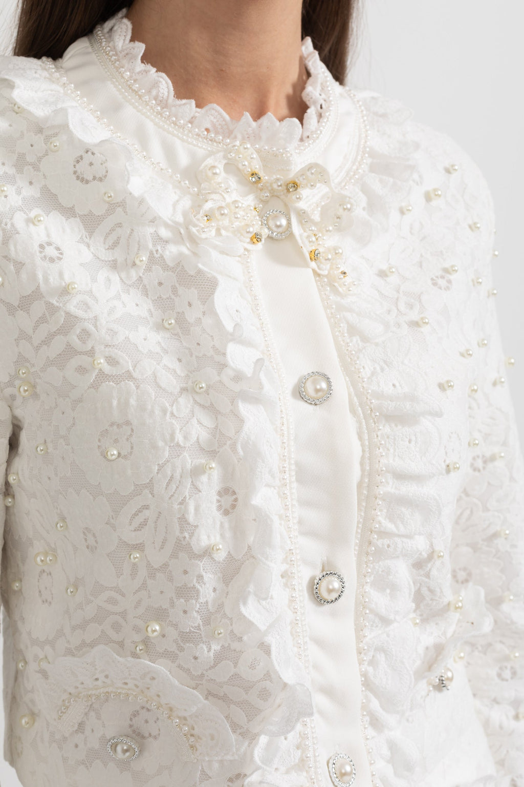White Pearl-Embellished Jacket and Lace Mini Skirt Set