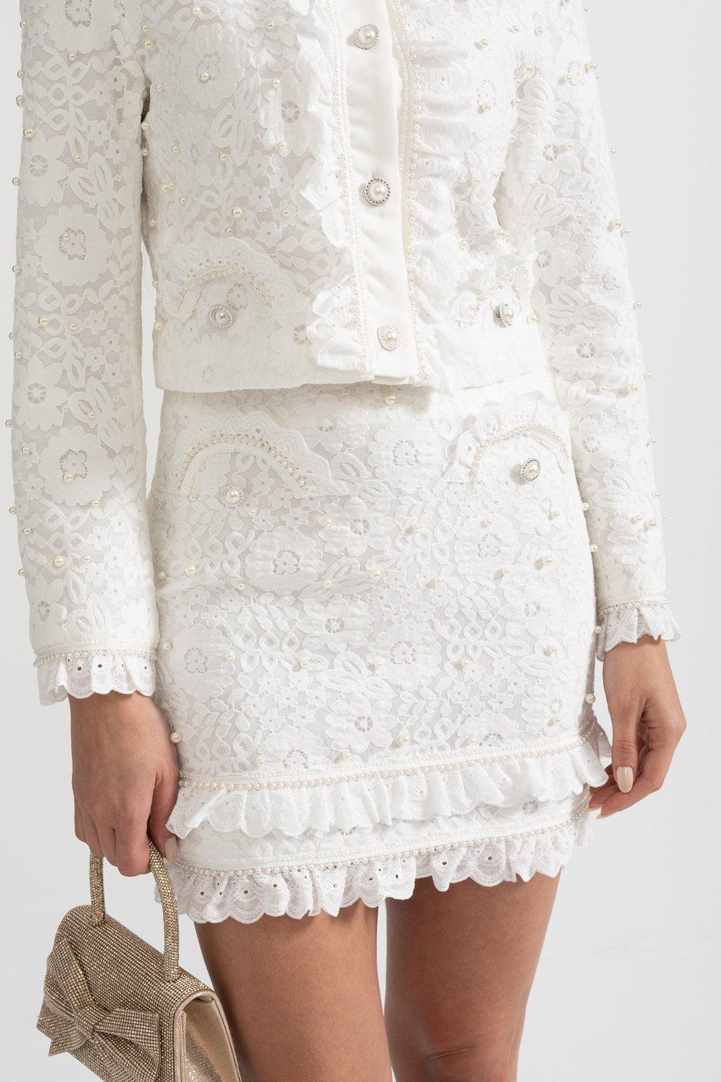 White Pearl-Embellished Jacket and Lace Mini Skirt Set
