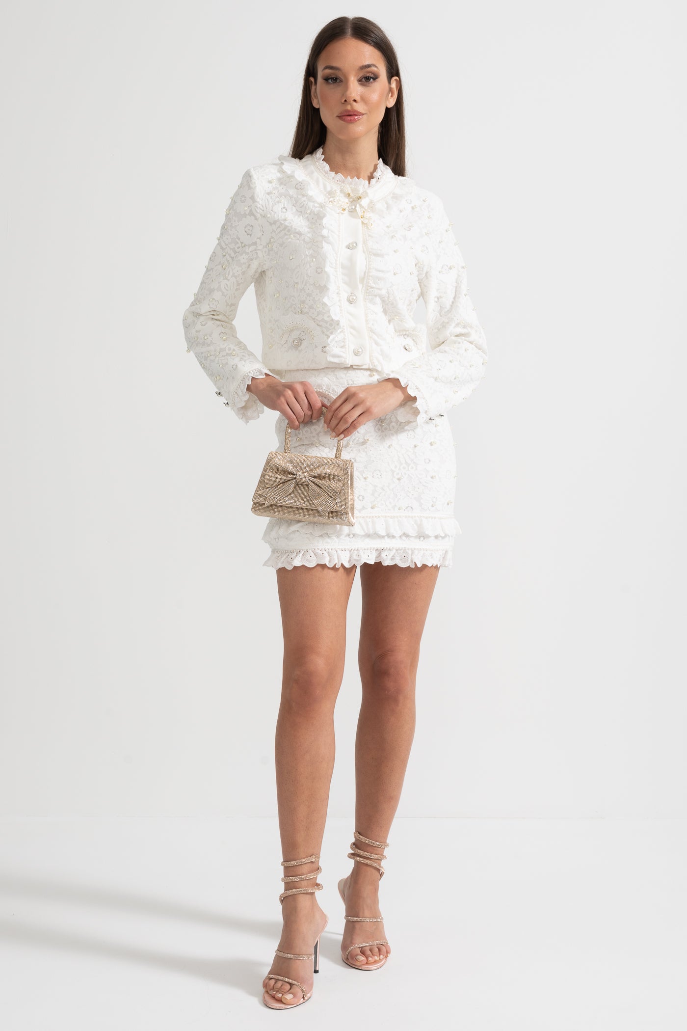 White Pearl-Embellished Jacket and Lace Mini Skirt Set