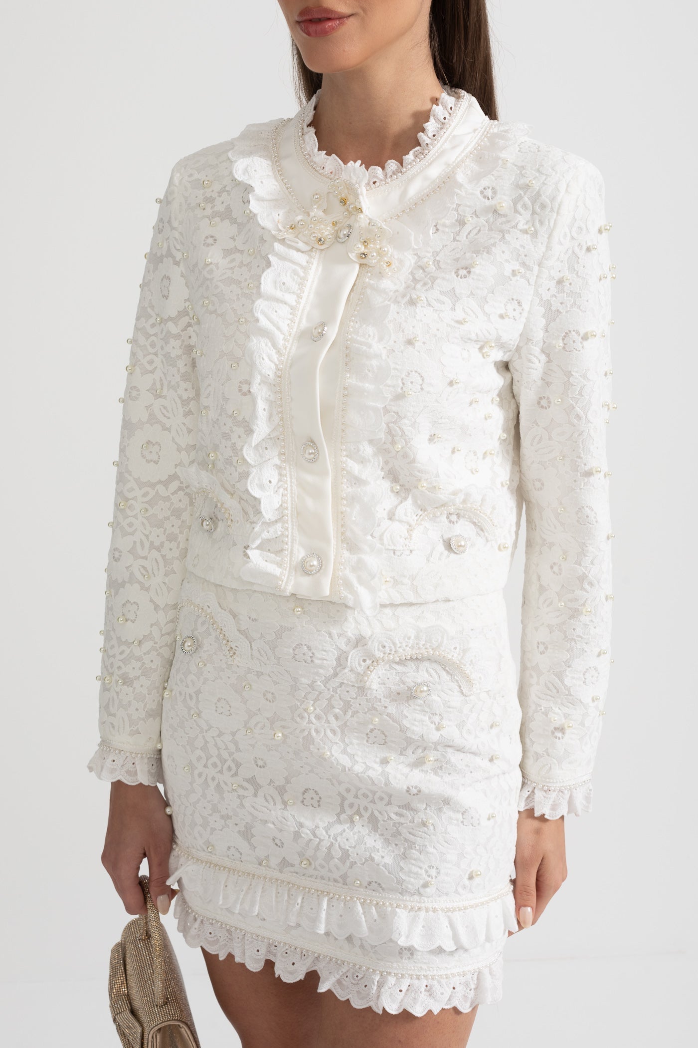 White Pearl-Embellished Jacket and Lace Mini Skirt Set