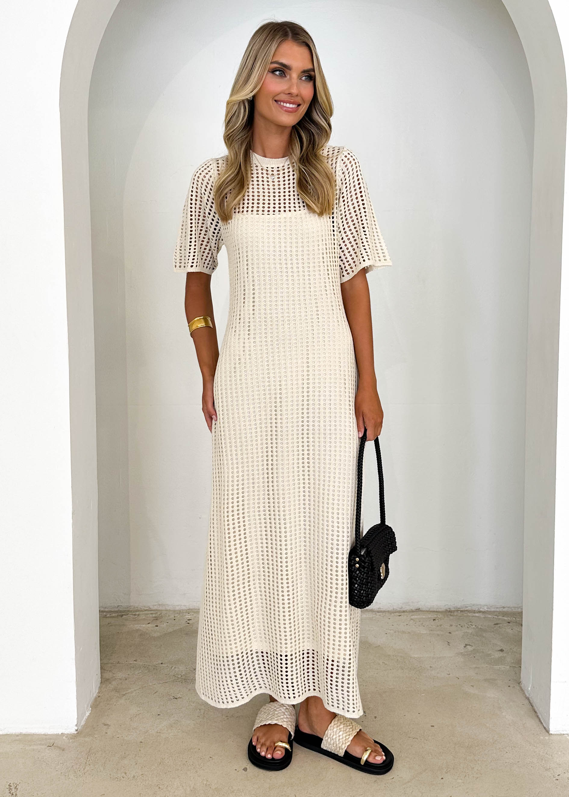 Cream Open-Knit Crochet Maxi Dress