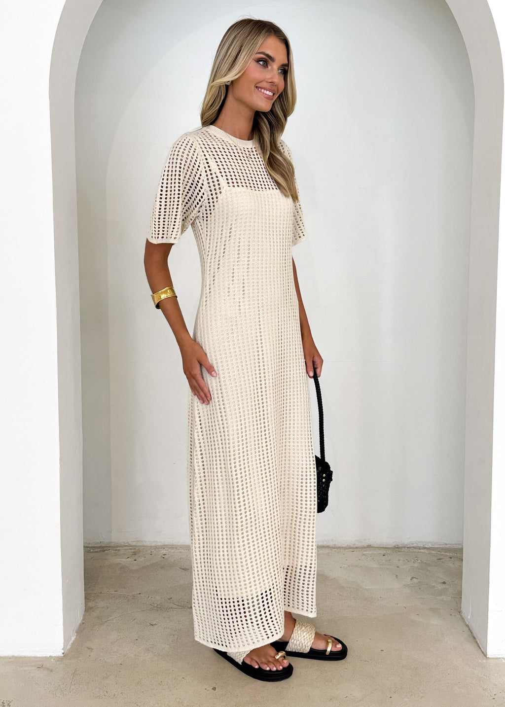 Cream Open-Knit Crochet Maxi Dress