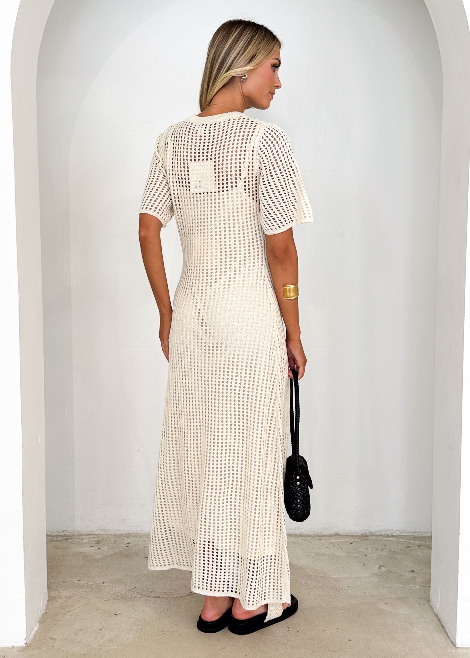 Cream Open-Knit Crochet Maxi Dress