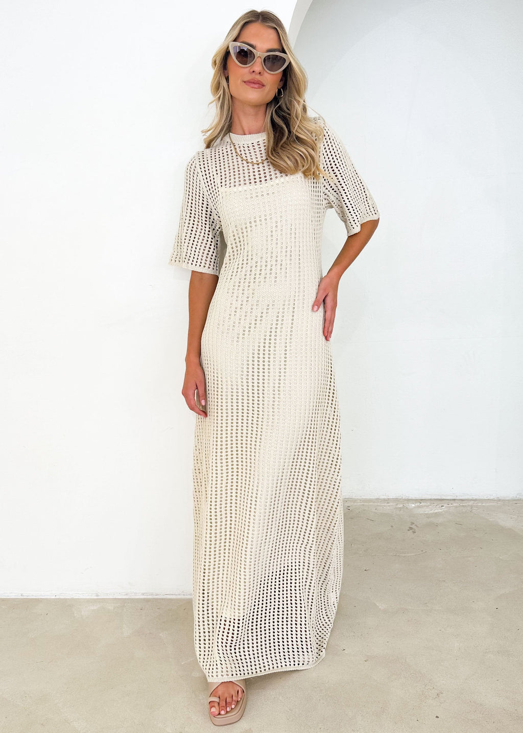 Cream Open-Knit Crochet Maxi Dress