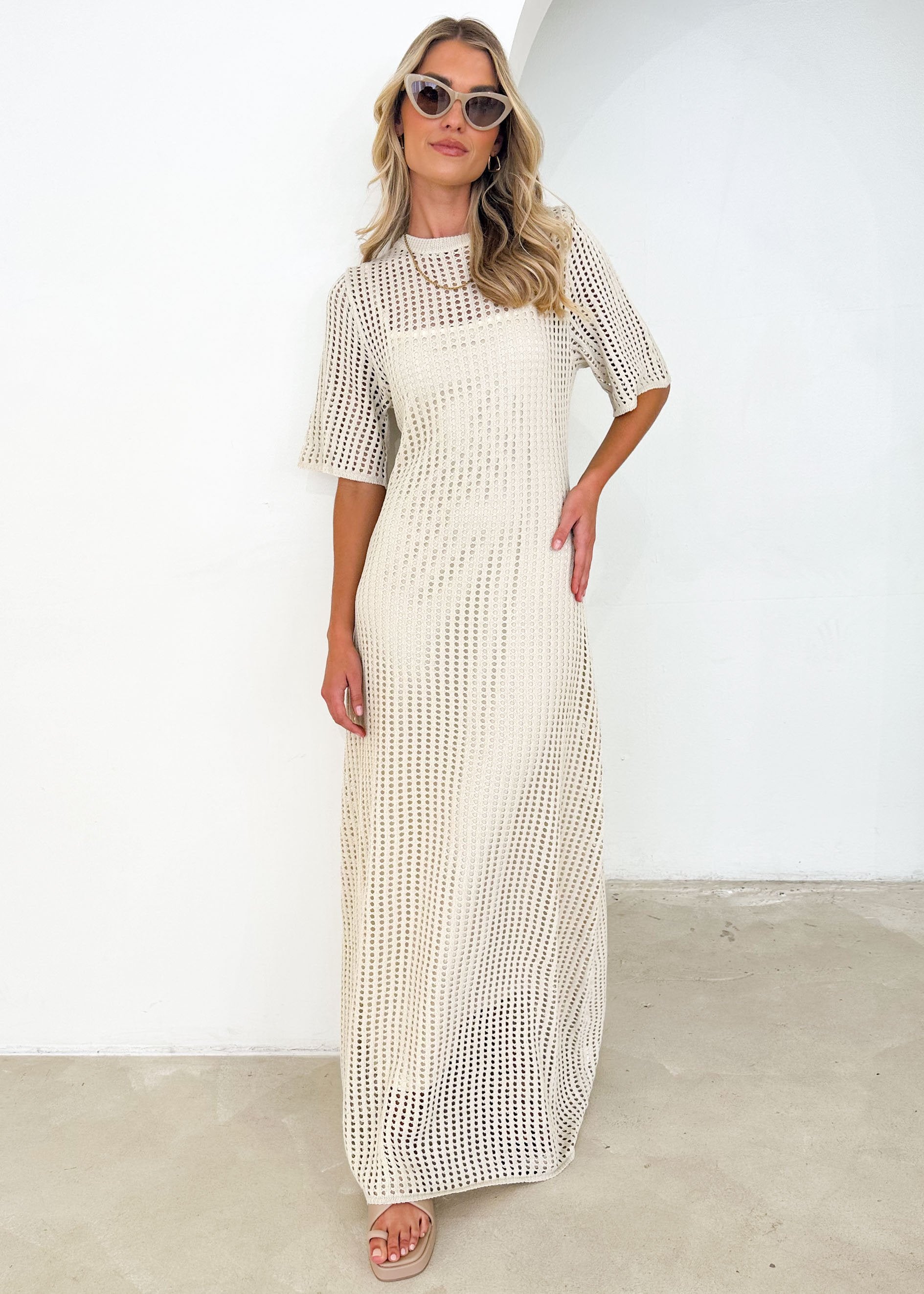 Cream Open-Knit Crochet Maxi Dress