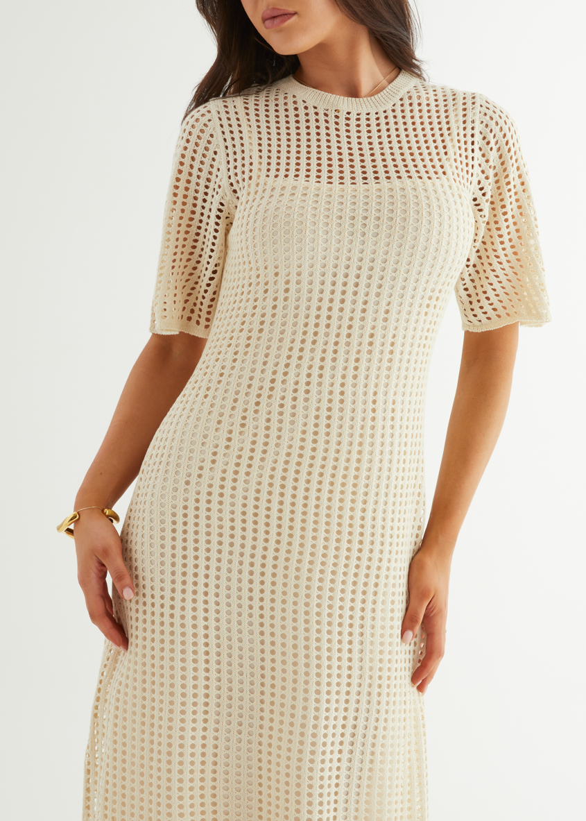 Cream Open-Knit Crochet Maxi Dress