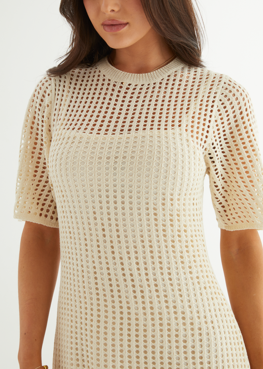 Cream Open-Knit Crochet Maxi Dress