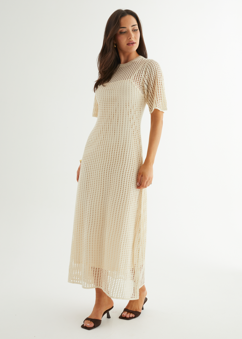 Cream Open-Knit Crochet Maxi Dress