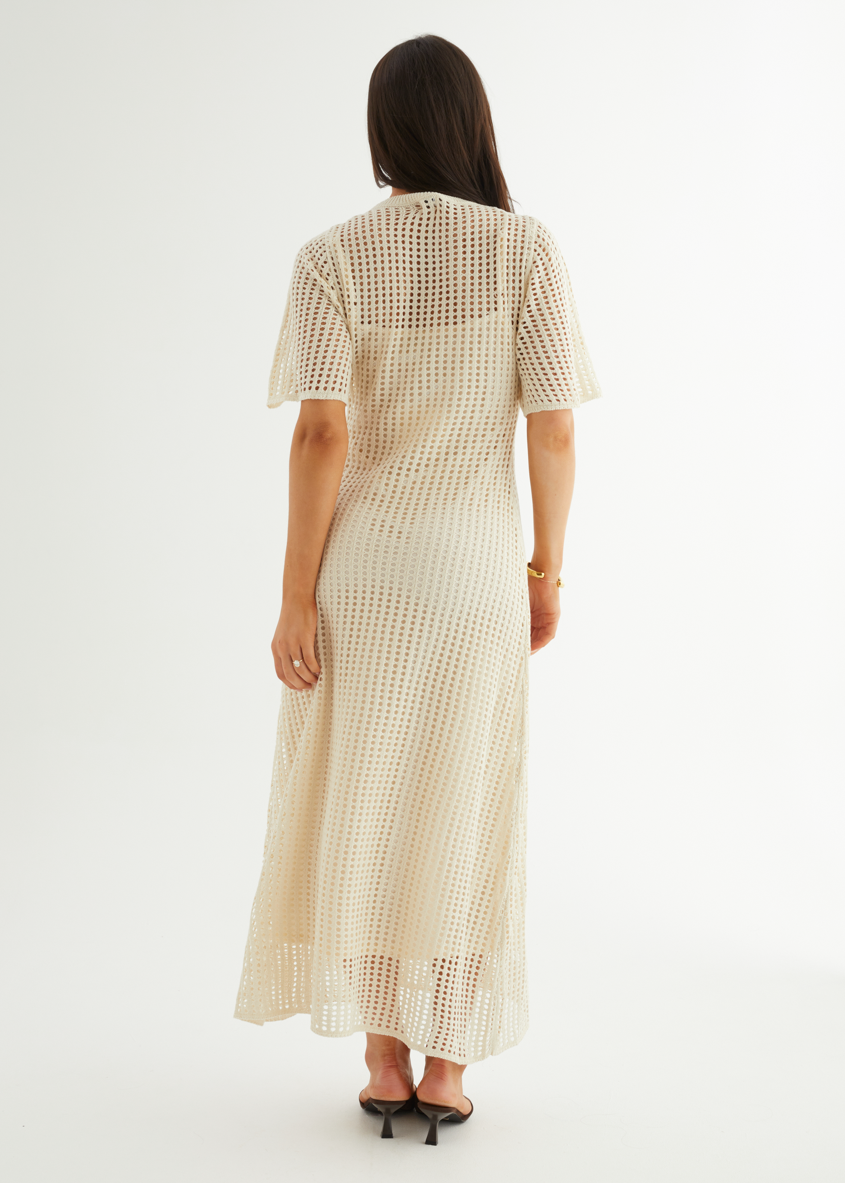 Cream Open-Knit Crochet Maxi Dress