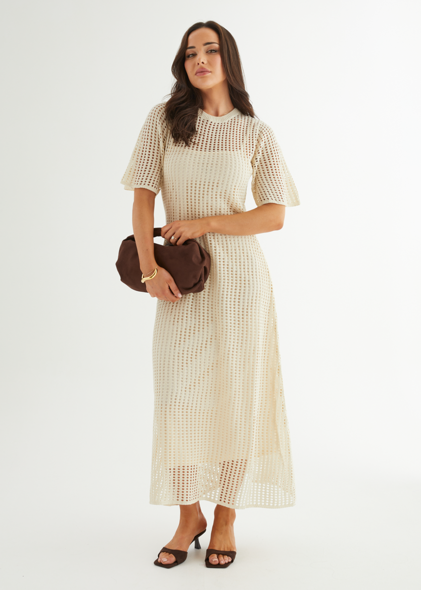 Cream Open-Knit Crochet Maxi Dress