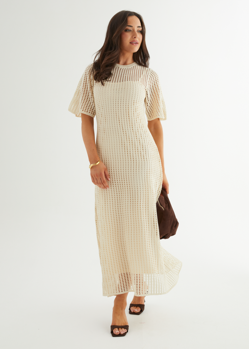 Cream Open-Knit Crochet Maxi Dress