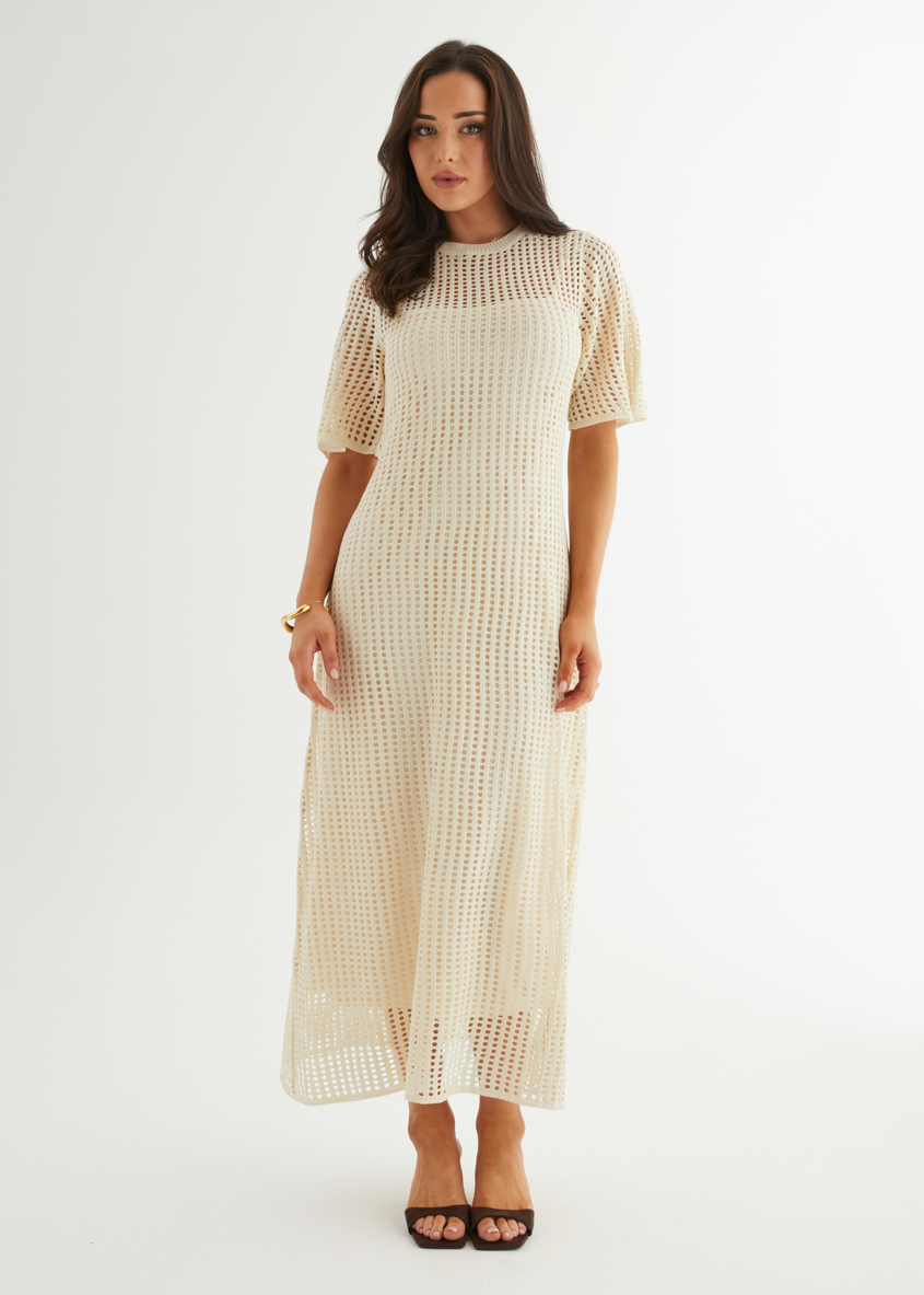 Cream Open-Knit Crochet Maxi Dress