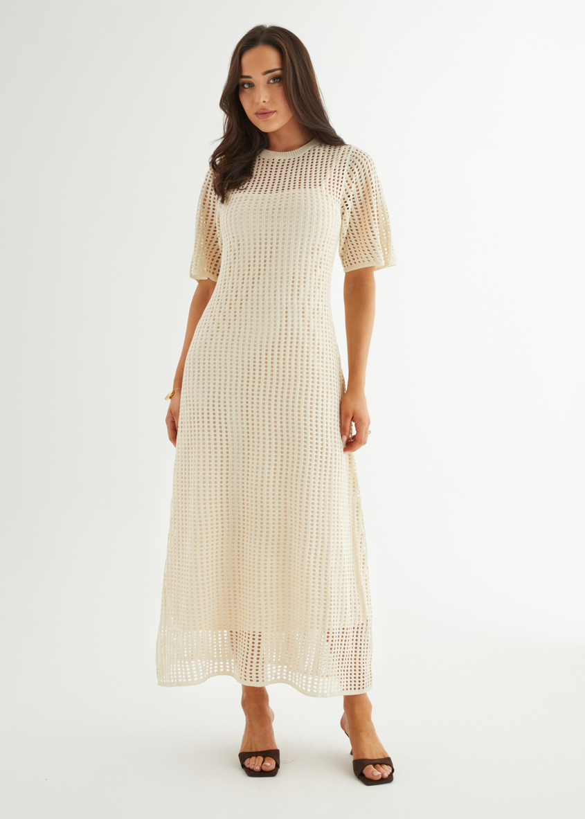 Cream Open-Knit Crochet Maxi Dress