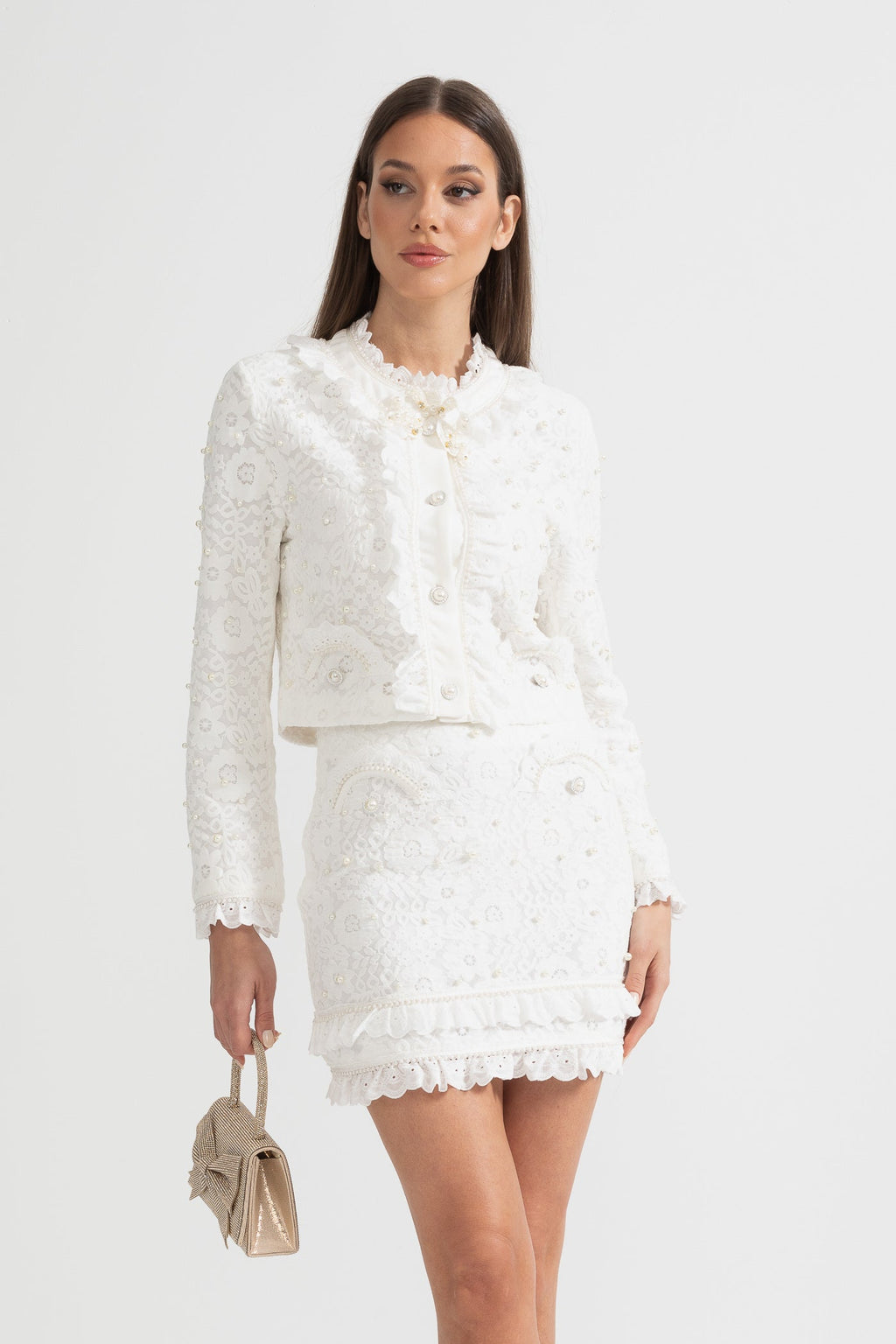 White Pearl-Embellished Jacket and Lace Mini Skirt Set
