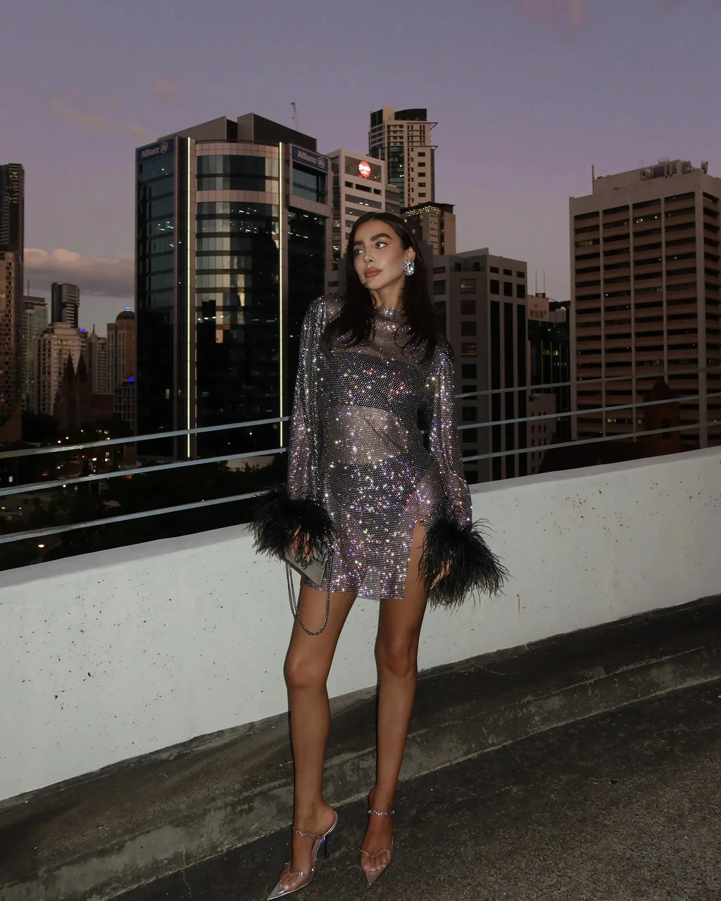 Sequin Feather Cuff Long-Sleeve Mini Dress