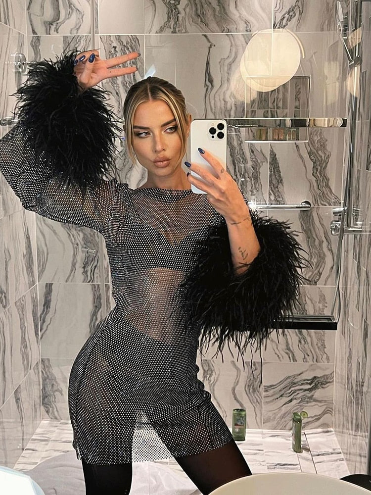 Sequin Feather Cuff Long-Sleeve Mini Dress