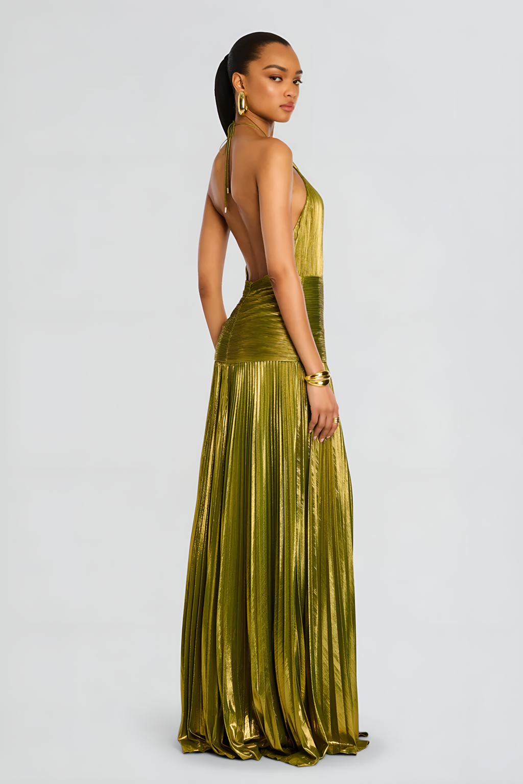 Metallic Pleated Halter Evening Maxi Dress