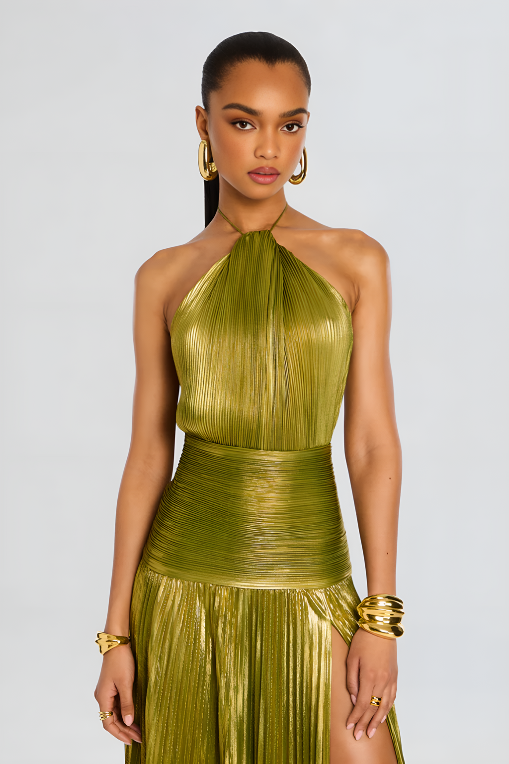 Metallic Pleated Halter Evening Maxi Dress