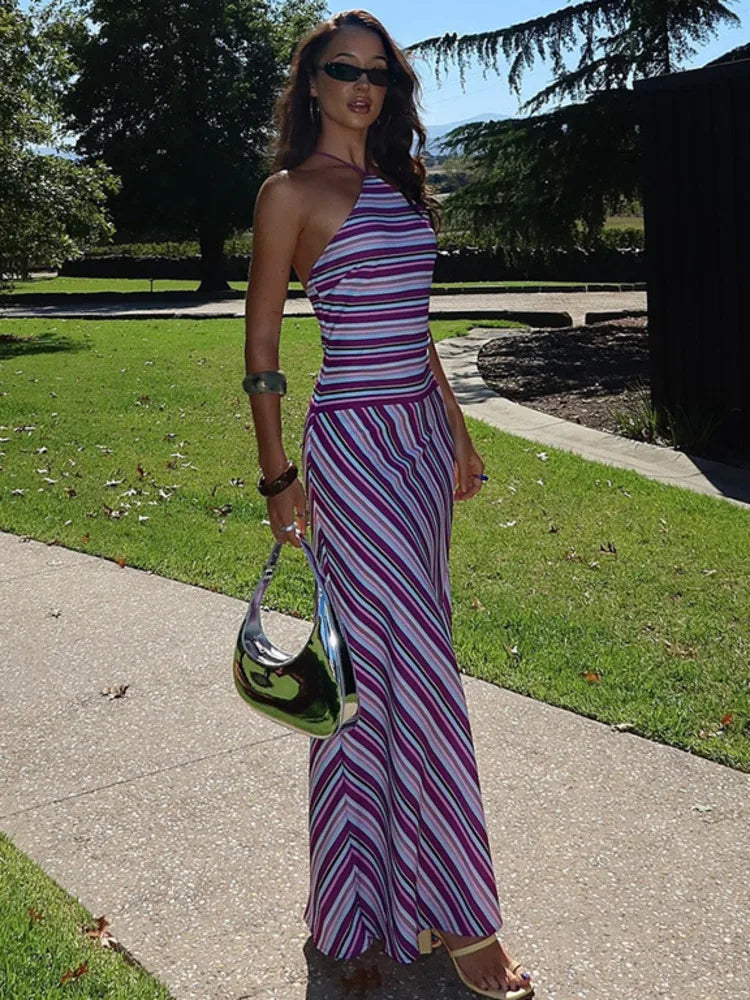 Halter Neck Striped Maxi Dress