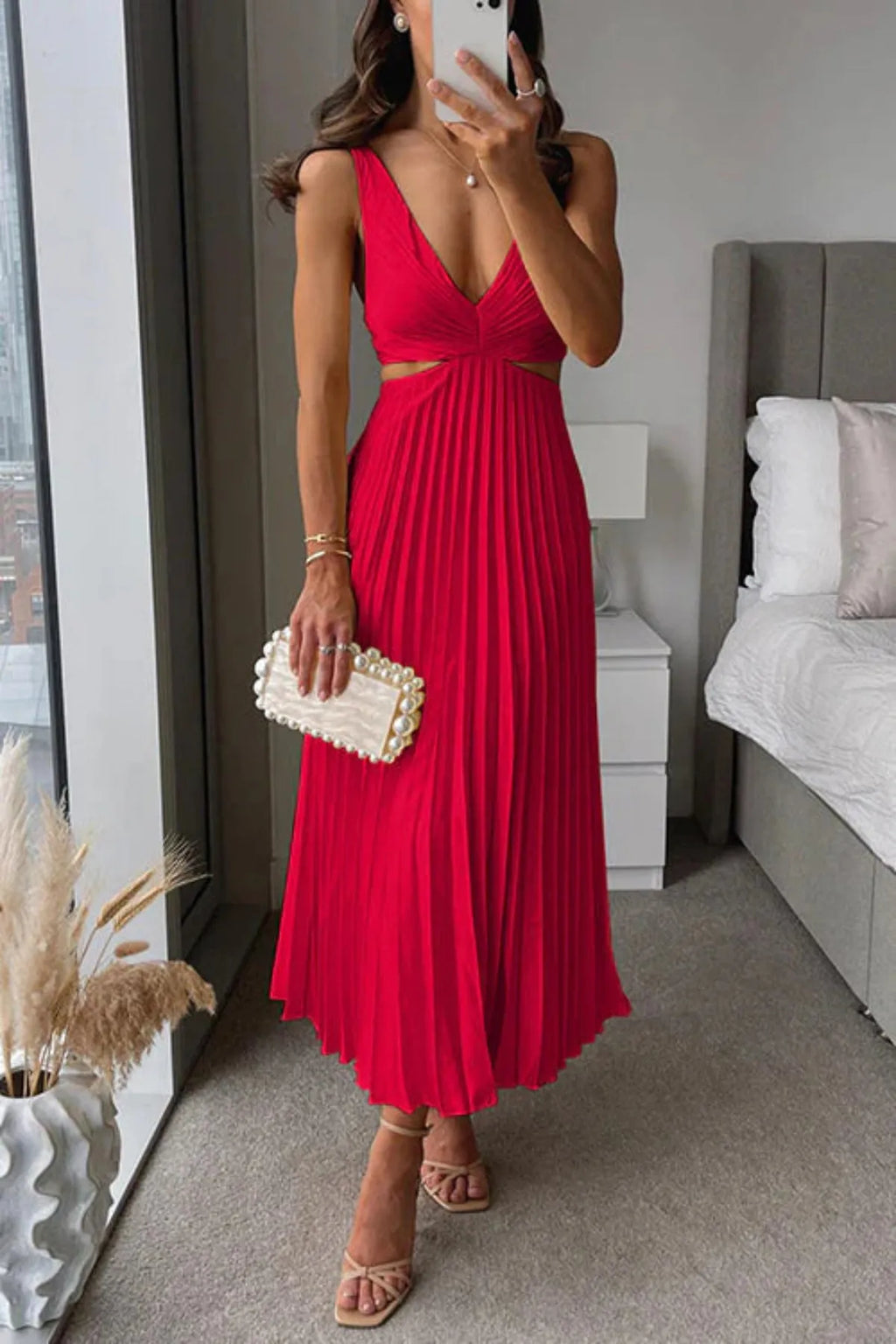 Pleated Midi Dress with Cut Out Waist
