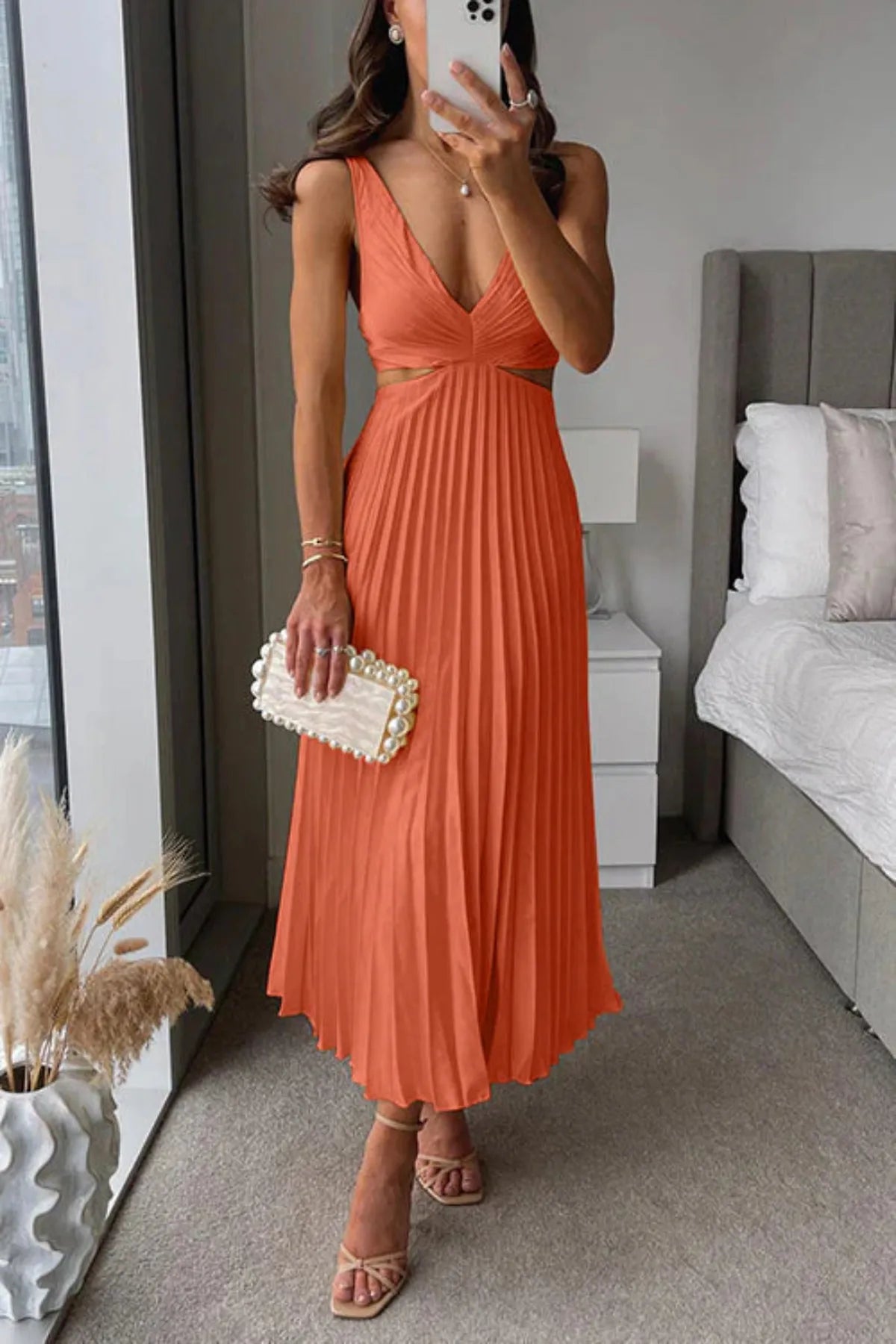 Pleated Midi Dress with Cut Out Waist