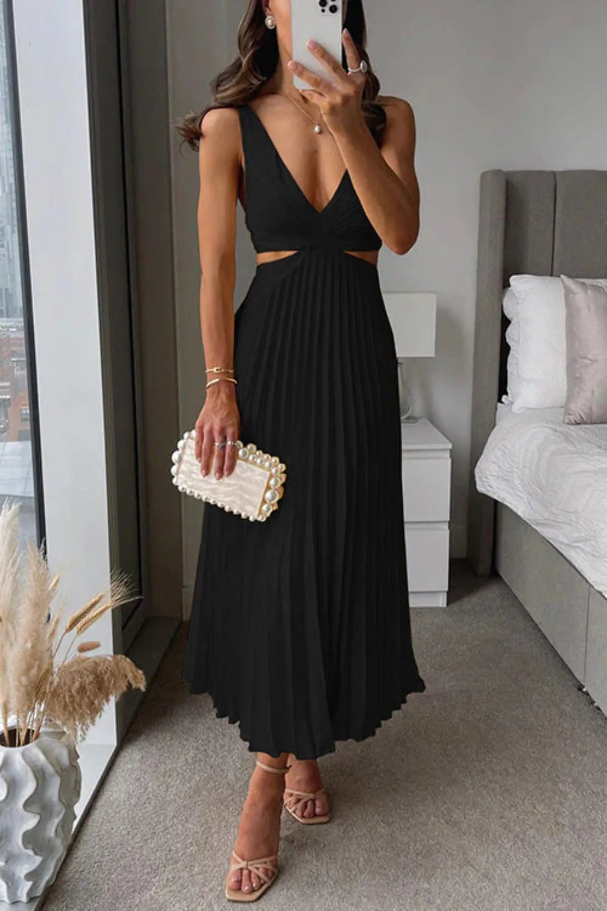 Pleated Midi Dress with Cut Out Waist