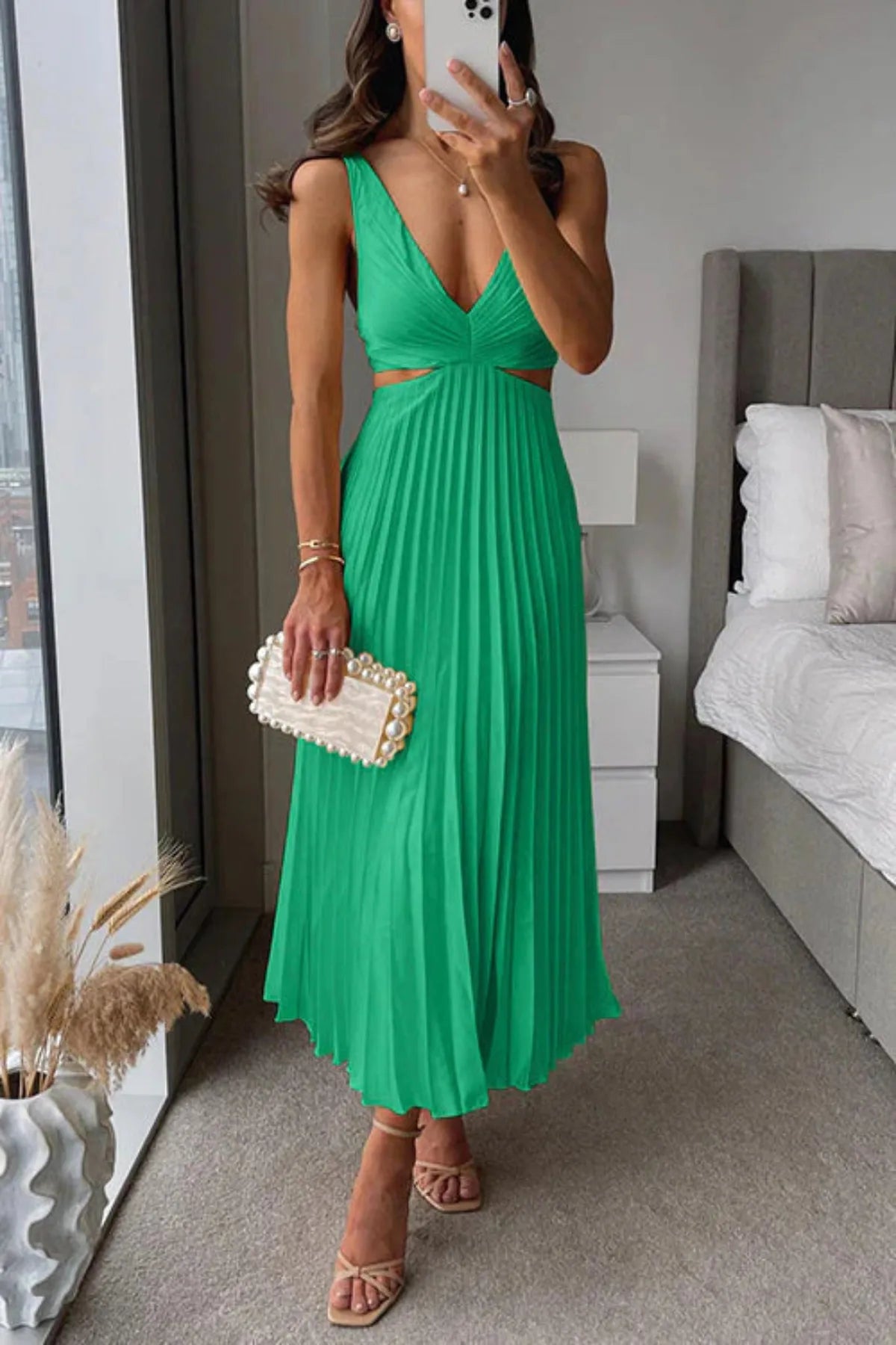 Pleated Midi Dress with Cut Out Waist