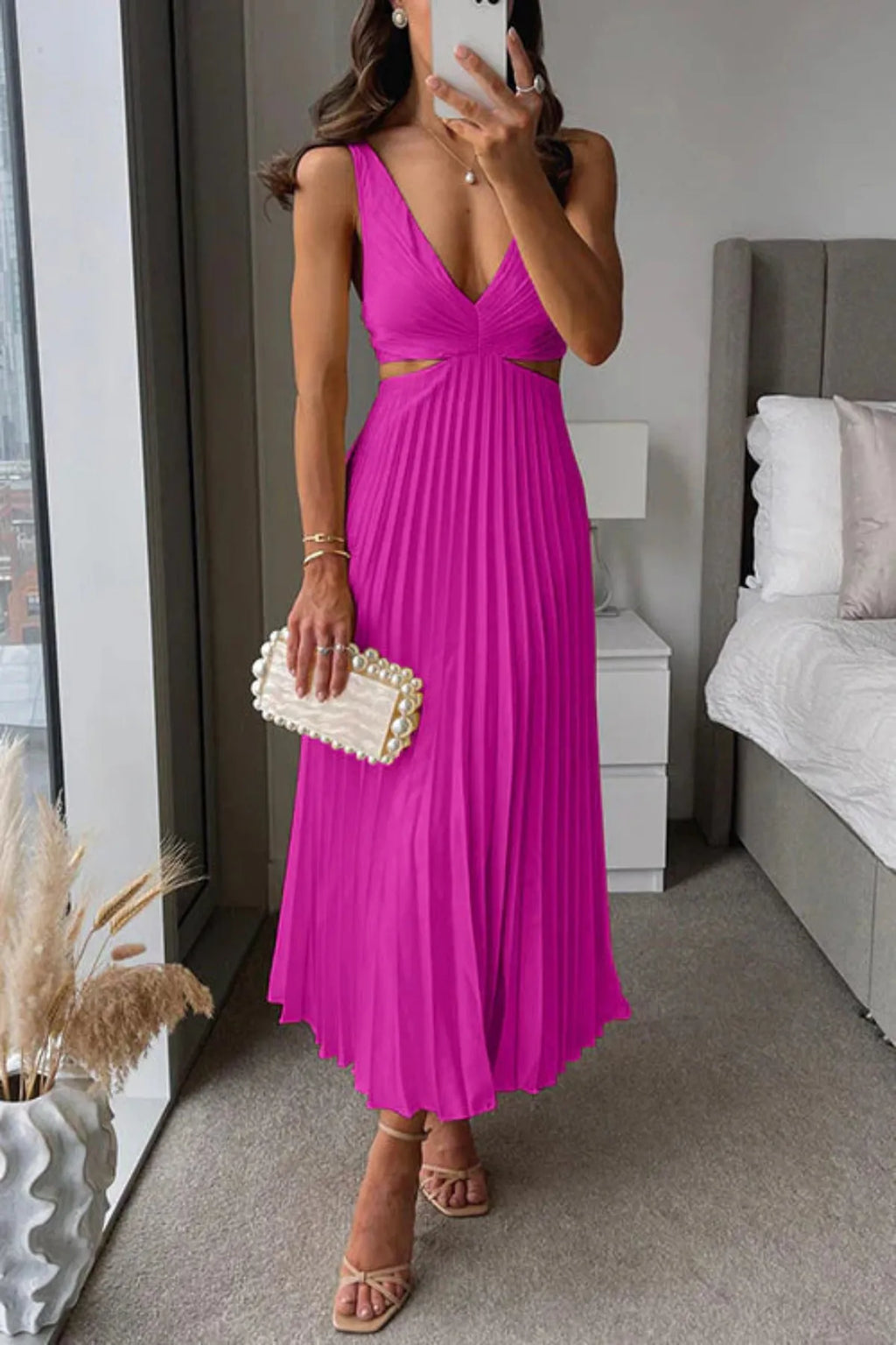 Pleated Midi Dress with Cut Out Waist