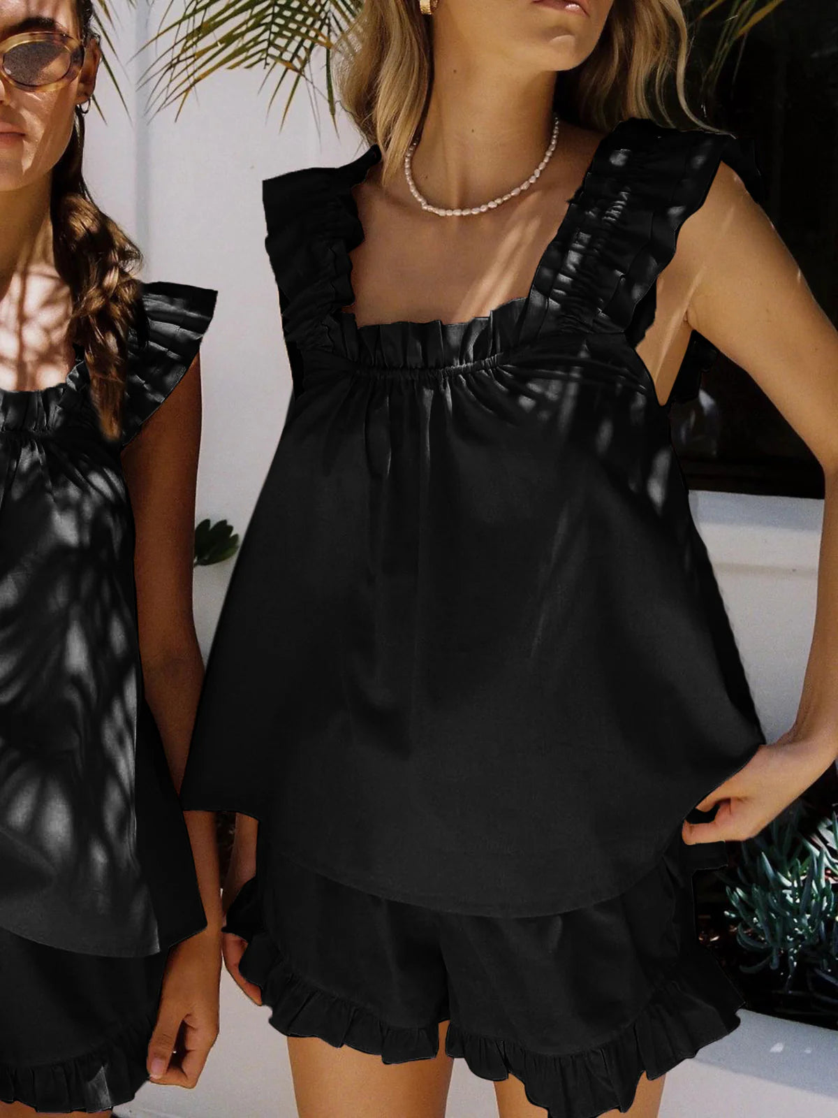 Linen Blend Ruffle Shorts Set