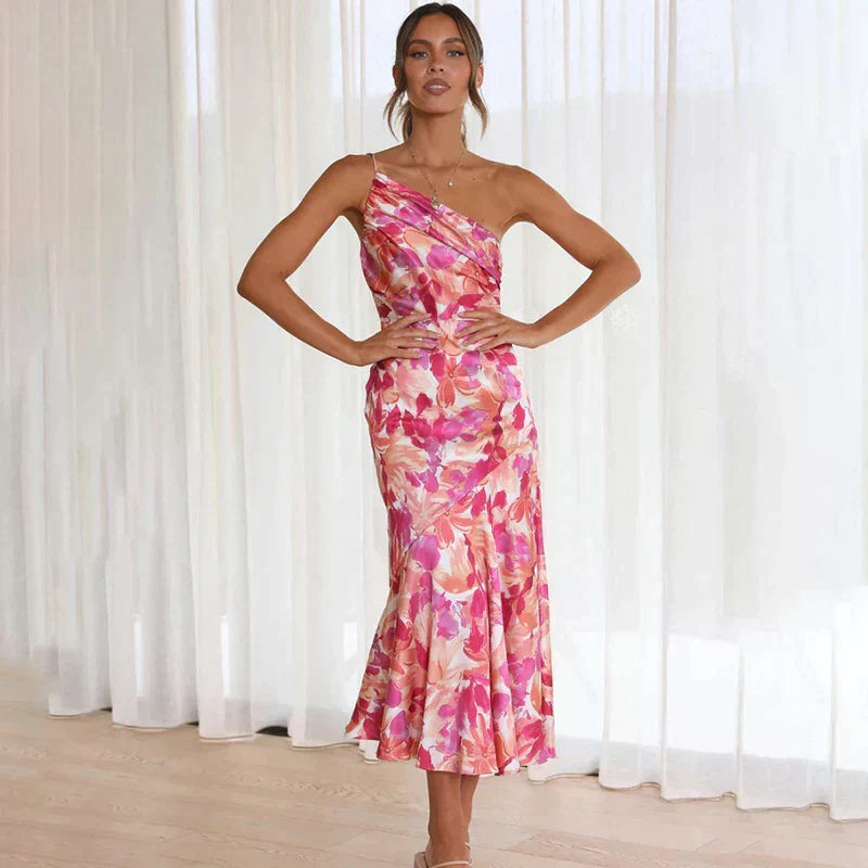One-Shoulder Floral Midi Dress