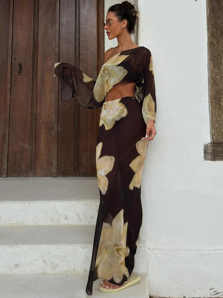 Printed One-Shoulder Top and Maxi Skirt Set