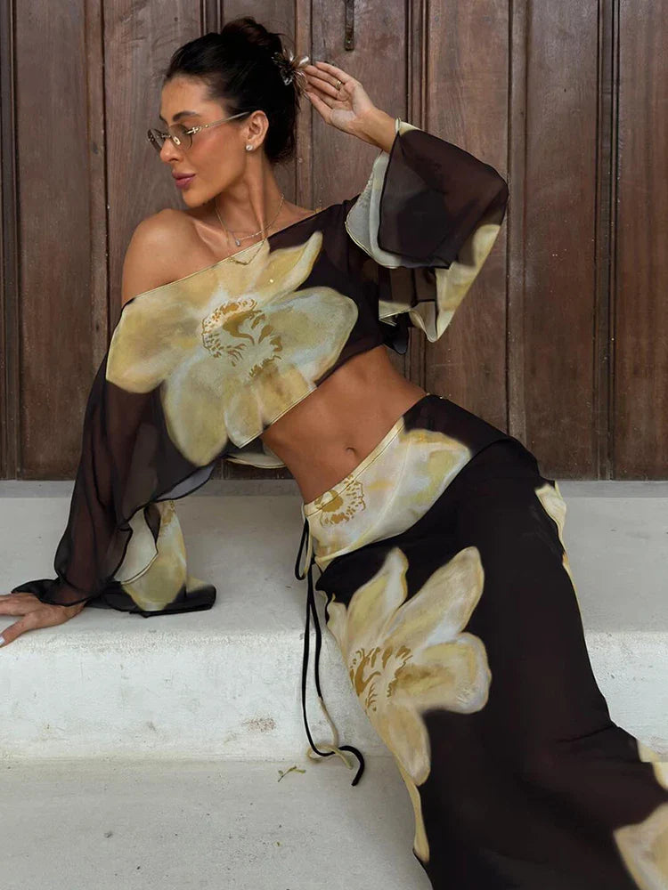 Printed One-Shoulder Top and Maxi Skirt Set