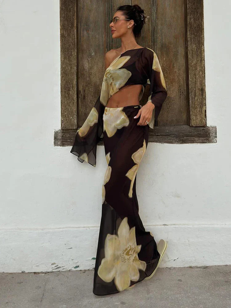 Printed One-Shoulder Top and Maxi Skirt Set