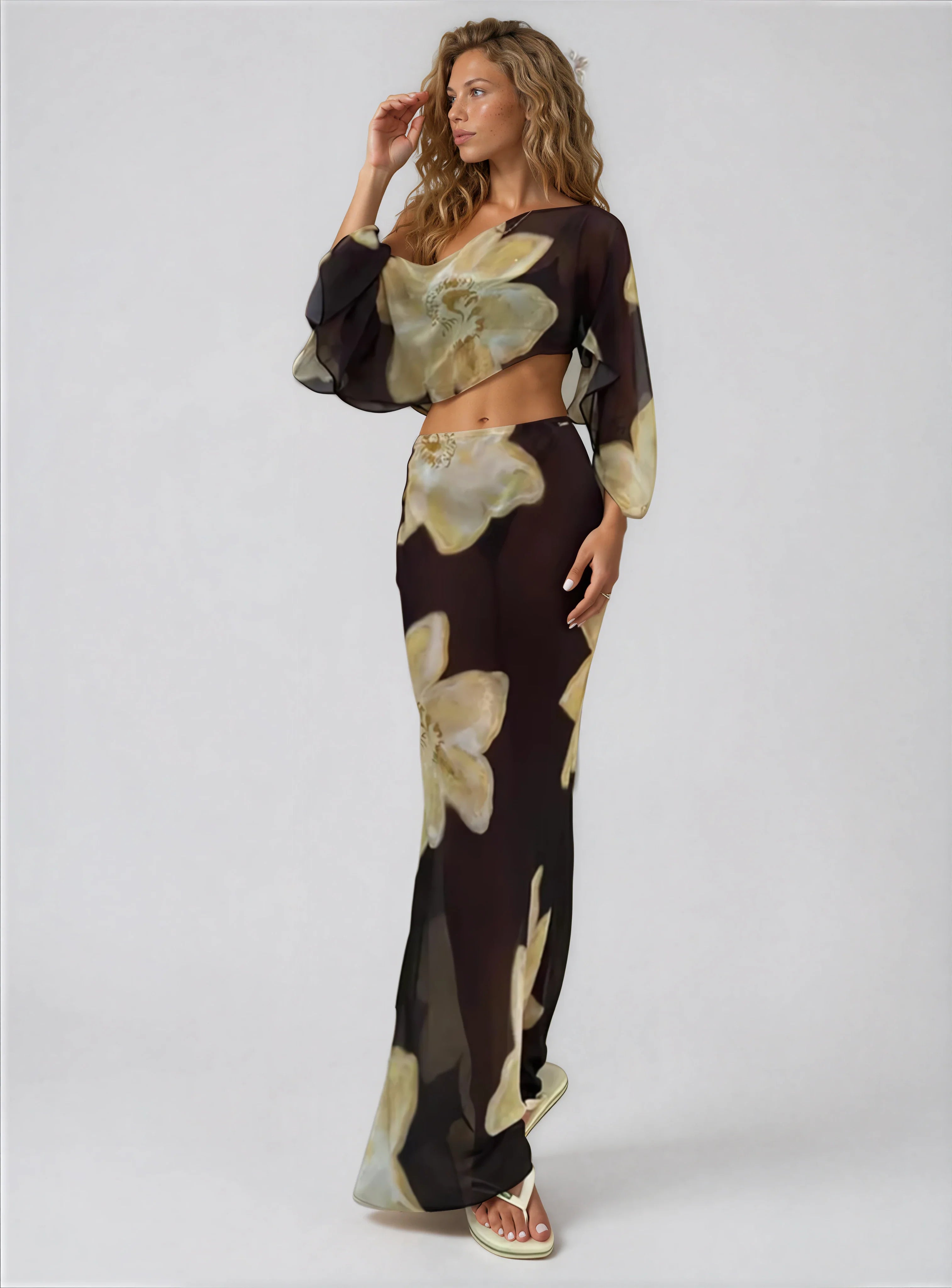 Printed One-Shoulder Top and Maxi Skirt Set