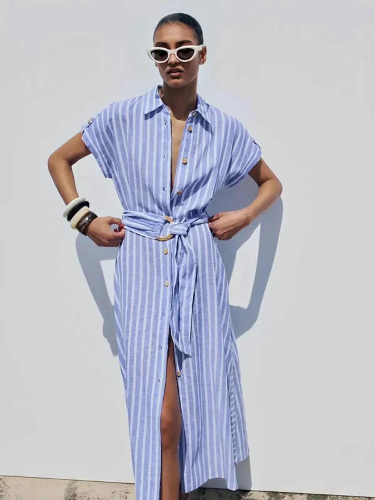 Striped Linen-Blend Belted Maxi Dress