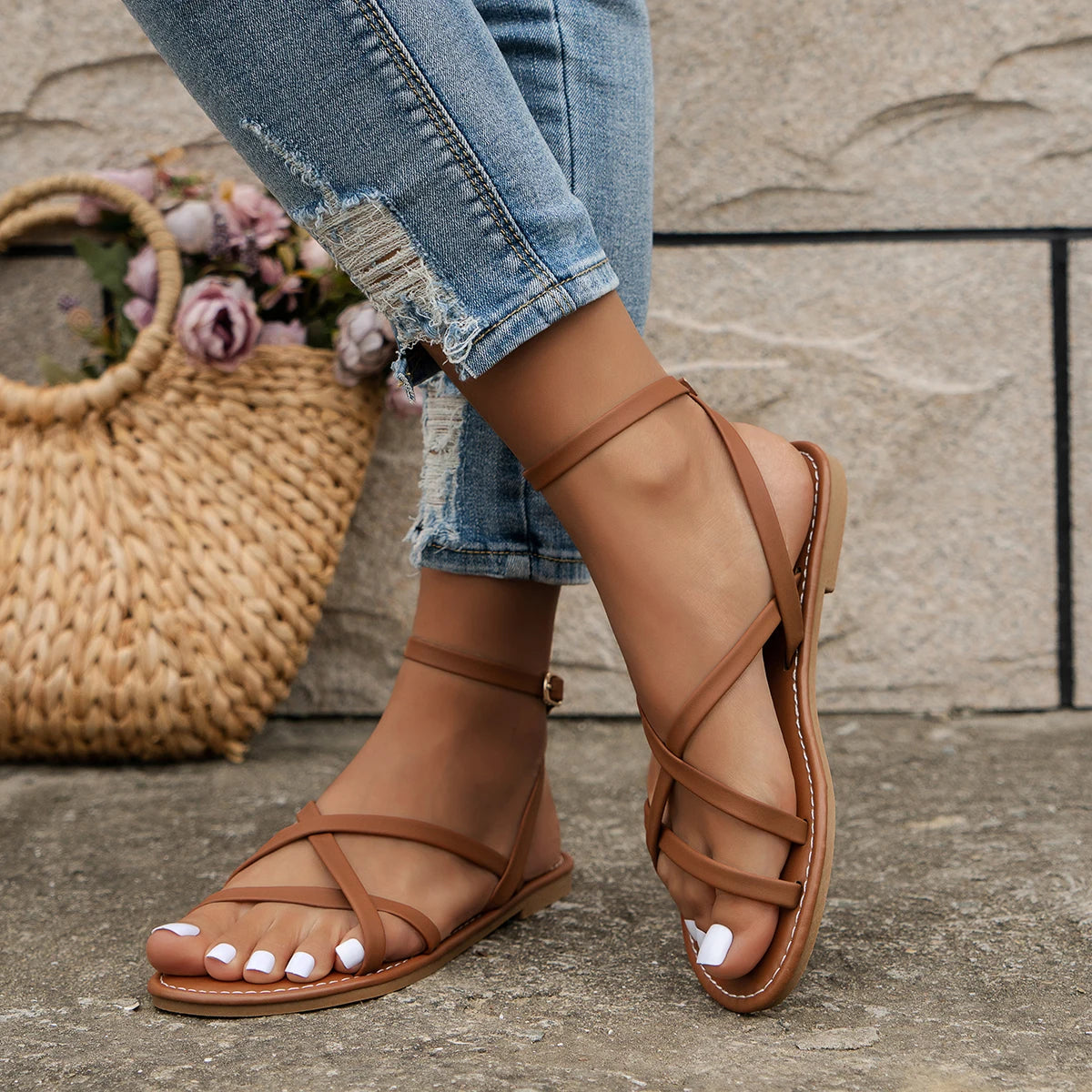 Strappy Flat Sandals with Back Zipper
