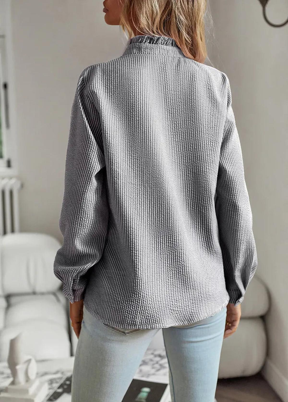 Textured Ruffle Trim Button-Up Blouse