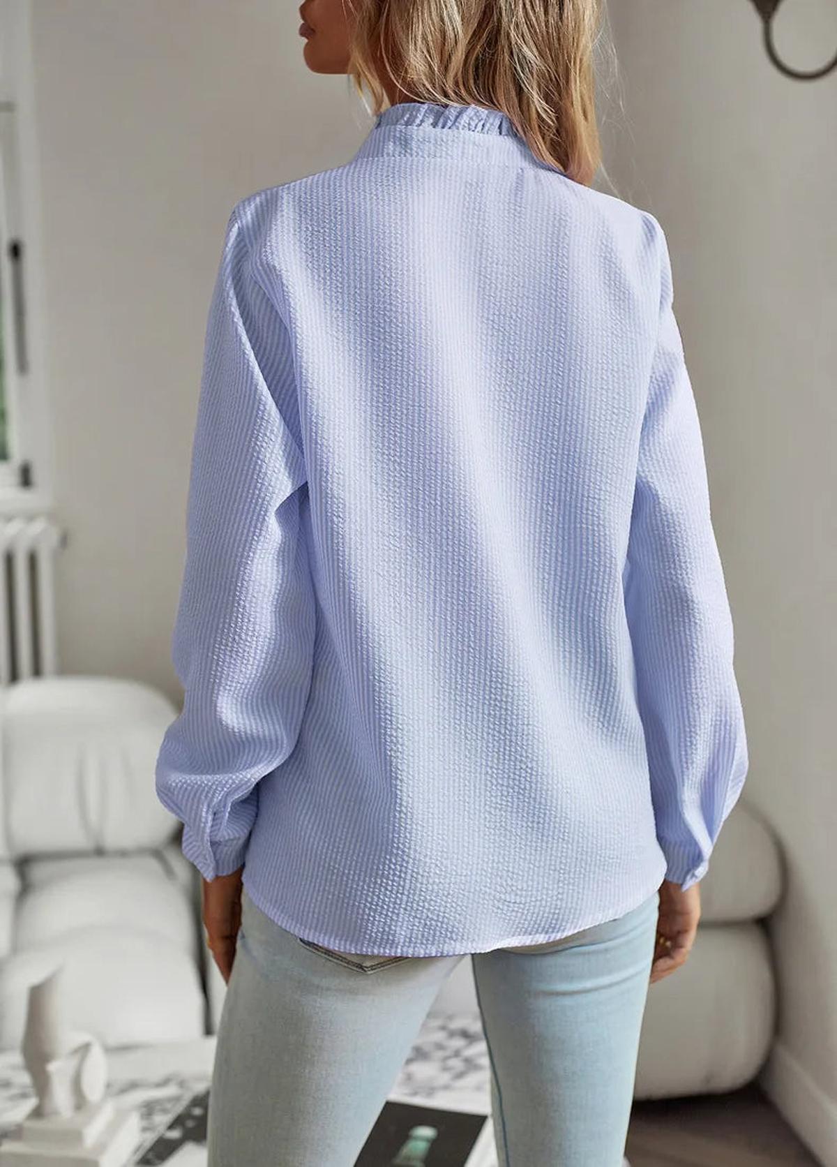 Textured Ruffle Trim Button-Up Blouse