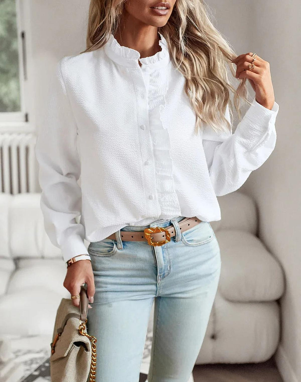 Textured Ruffle Trim Button-Up Blouse
