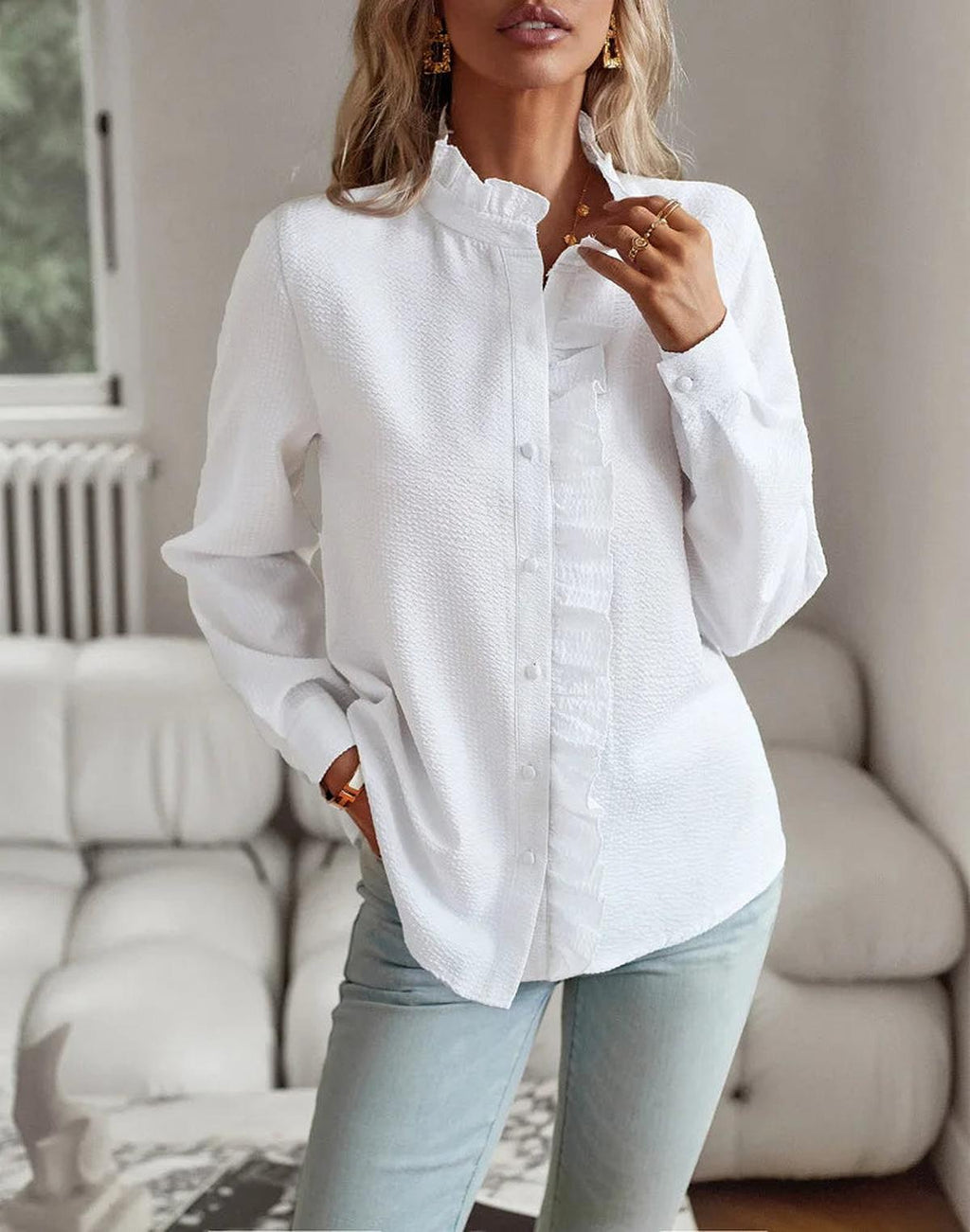Textured Ruffle Trim Button-Up Blouse